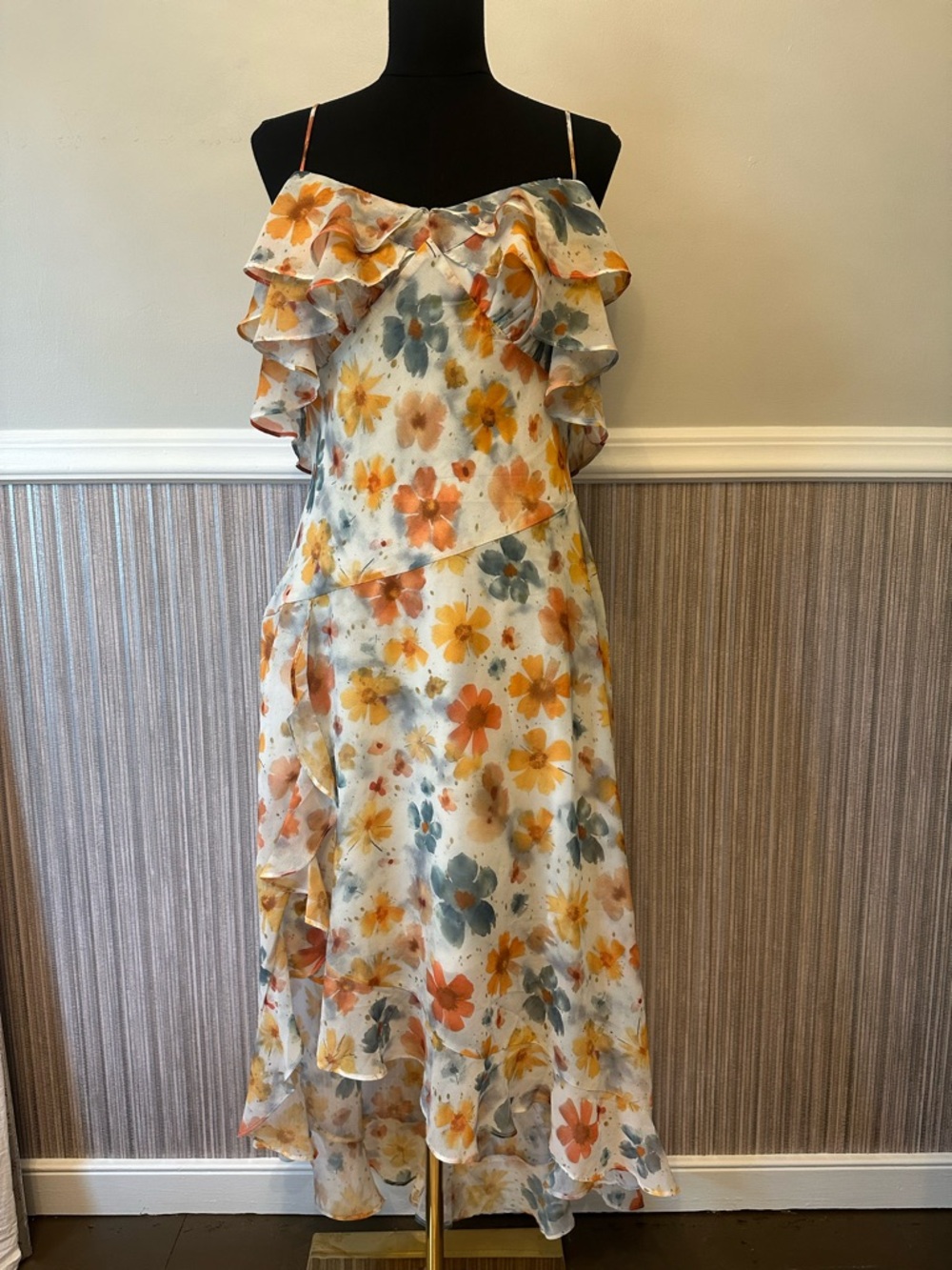 Anthro Floral Ruffle Midi Dress L Wedding Guest Garden Party Asymmetrical